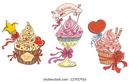 Cupcakes with sweet hearts. Vector hand drawing