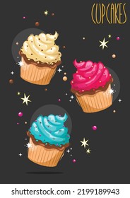 Cupcakes. Sweet cupcakes set with decoration. Vector illustration