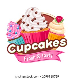 Cupcakes sweets colorful poster or badge vector illustration.