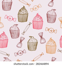 Cupcakes and sweets, hand drawn sketched seamless pattern in trendy Marsala color.
