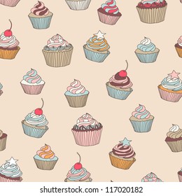 Cupcakes sweets seamless cartoon vector pattern hand drawn