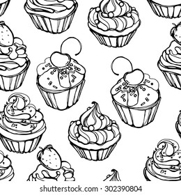 Cupcakes sweets seamless doodle vector pattern hand drawn