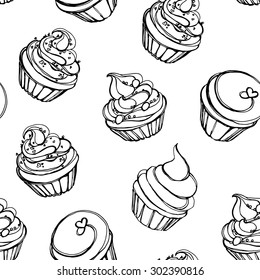 Cupcakes sweets seamless doodle vector pattern hand drawn