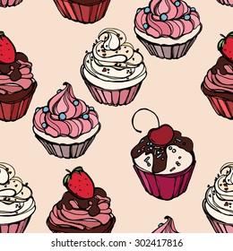 Cupcakes sweets seamless doodle vector pattern hand drawn