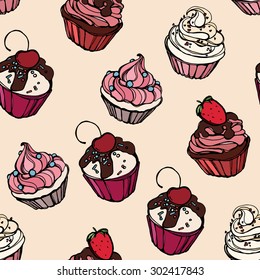 Cupcakes sweets seamless doodle vector pattern hand drawn