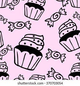 Cupcakes sweets seamless doodle vector pattern