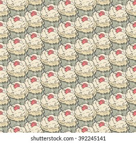 Cupcakes sweets seamless doodle vector pattern hand drawn.Vintage bakery  background.Doodle design elements for banner, flayer, business, card, poster.