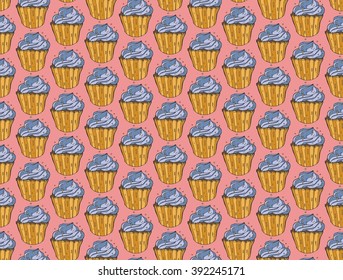 Cupcakes sweets seamless doodle vector pattern hand drawn.Vintage bakery  background.Doodle design elements for banner, flayer, business, card, poster.