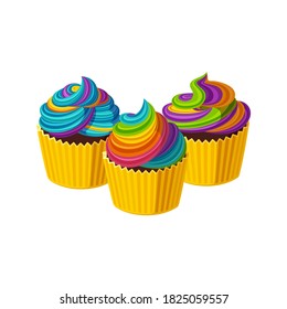 Cupcakes with swirled rainbow icing. Design with tasty cakes with colorful cream. Vector illustration in cute cartoon style