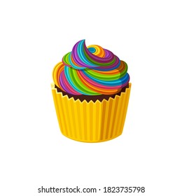 Cupcakes with swirled rainbow icing. Tasty muffin with colorful cream. Vector illustration in cute cartoon style