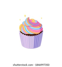 Cupcakes with swirled rainbow icing. Tasty muffin with colorful cream. Vector illustration in cute cartoon style