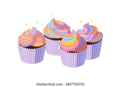 Cupcakes with swirled rainbow icing. Tasty shiny muffins with colorful cream. Vector illustration in cute cartoon style