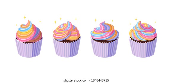 Cupcakes with swirled rainbow icing. Tasty shiny muffins with colorful cream. Vector illustration in cute cartoon style