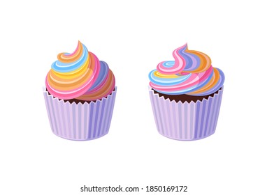 Cupcakes with swirled rainbow icing. Tasty muffins with colorful cream. Vector illustration in cute cartoon style
