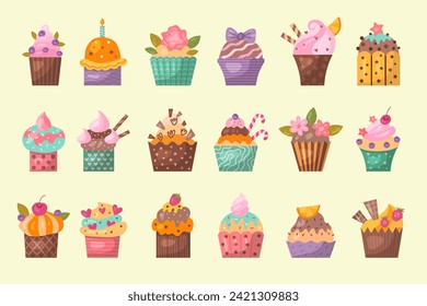 Pasteles. Delicioso postre de panadería ilustraciones vectoriales recientes de diferentes muffins