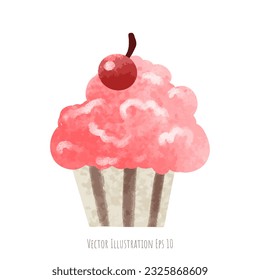 Cupcakes topped with cherries hand drawn, isolated on white background  ,vector illustration EPS 10