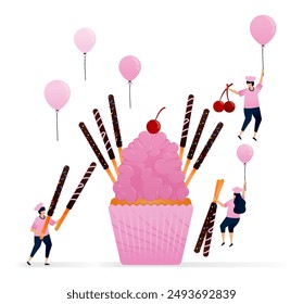 Cupcakes with topping of pink icing and melted chocolate coated biscuit sticks for a birth day. Illustrations can be used for pastry stores, restaurant flyers, birthday banners