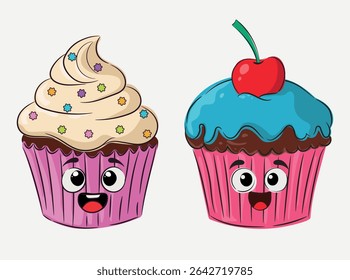 Bolinhos. Dois cupcakes engraçados de desenho animado. Bolinhos multicoloridos com creme e cereja. Sobremesa. Produtos de padaria
