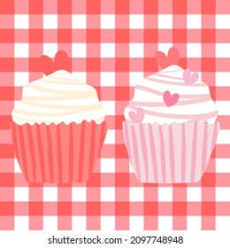 Cupcakes for Valentine's Day. Cupcakes and chocolate hearts. Vector illustration of Valentine's Day.