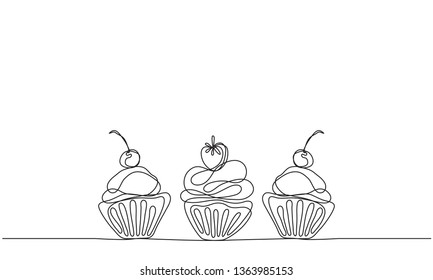 Cupcakes vector background. Linear drawing. Sketch. Continuous line drawing.