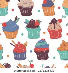 Cupcakes vector cartoon seamless pattern background for wallpaper, wrapping, packing, and backdrop.
