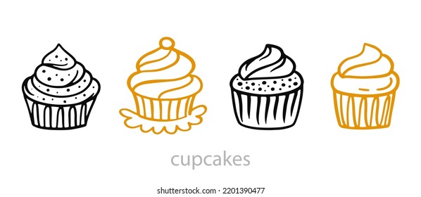 Cupcakes Vector Illustration collection. Line art Muffin set. Hand Drawn Logo Design, isolated. Vintage Doodle Drawing. Bakery Minimal Simple Icon for cafe menu, cake shop, birthday party decoration