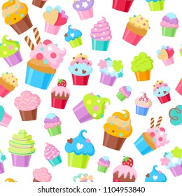 Cupcakes vector seamless pattern background. Sweets bakery vector illustration.