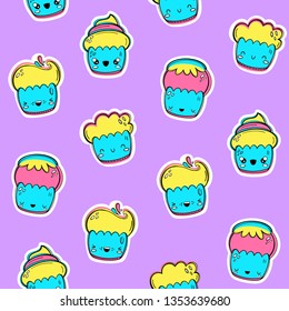 Cupcakes, vector seamless pattern in kawaii style, Emoji. Happy baking. eps 10