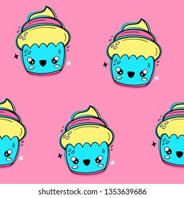 Cupcakes, vector seamless pattern in kawaii style, Emoji. Happy baking. eps 10