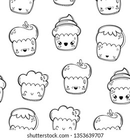 Cupcakes, vector seamless pattern in kawaii style, Emoji. Happy baking. eps 10