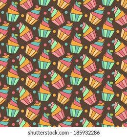 Cupcakes vector seamless pattern. Sweet holiday food background.