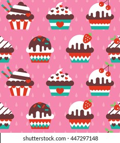 Cupcakes vector seamless pattern in trendy flat style.