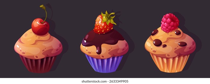 Cupcakes vector set. Cartoon sweet cakes illustrations. Desserts with chocolate and berries