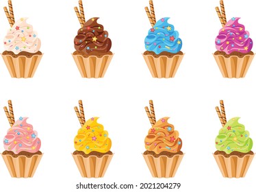 Cupcakes vector set. Colorful cakes collection. Vanilla, chocolate, strawberries, caramel, lemon, kiwi,