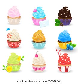 Cupcakes vector set isolated on white background. Sweet pastries