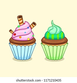 Cupcakes vector set on beige background