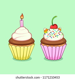 Cupcakes vector set on green background