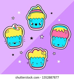 Cupcakes, vector set in the style of kawaii, Emoji, cartoon. Happy baking
