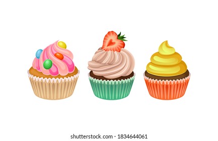 Cupcakes with Whipped Cream and Berry Vector Set