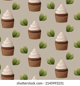 Cupcakes with whipped cream and leaves seamless pattern with light background. Vector image of cakes. Illustration for packaging, wrapping paper, textile.