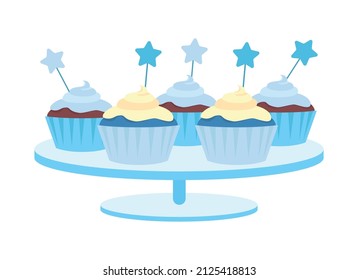 Cupcakes with whipped cream semi flat color vector object. Full sized item on white. Party fare. Delicious dessert simple cartoon style illustration for web graphic design and animation