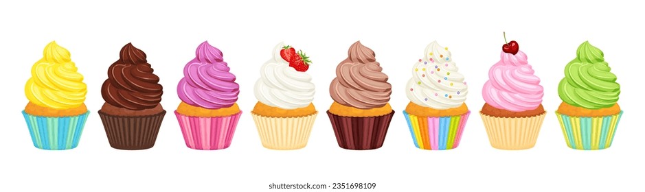 Cupcakes with whipped cream set. Row of different bright festive colorful cakes. Vector cartoon illustration of sweet dessert.