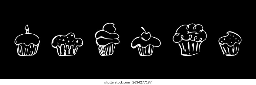 Cupcakes white on black set.with a brush with a liner pen.Grunge texture on black background. Children's cartoon Illustration drawing sketch with uneven lines. Sweetness; treat; dessert;  coffee; food