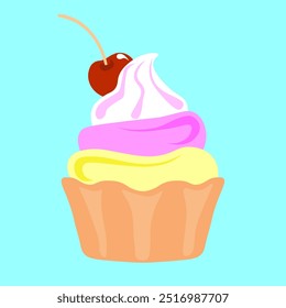 cupcakes with yellow, pink and withe cream in a pastry basket on a blue background