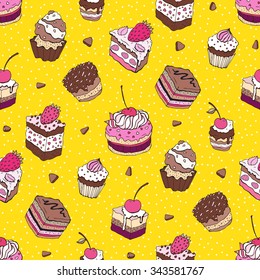 Cupcakes. Yummy colorful cute background. Hand drawn pattern. Seamless vector  illustration. 