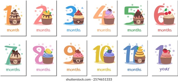 Cupcakes-cards. Vector illustration design. Birthday numbers. Baby's First Year Milestone Cards