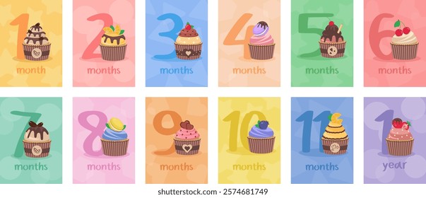 Cupcakes-cards. Vector illustration design. Birthday numbers. Monthly Milestone Cupcake Cards