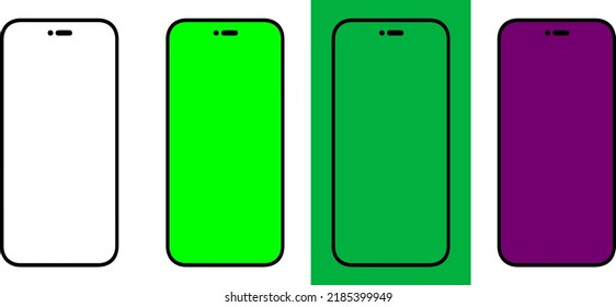 Cupertino, USA - July 15, 2022: Mockup IPhone 14 Set. Mock Up Blank, Green, Chroma Key, Purple Screen For Mobile Phone App On White Background