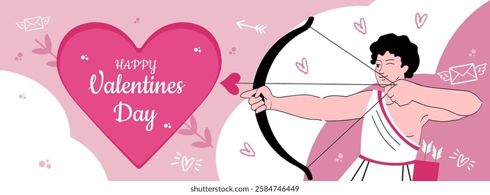 Cupid aiming an arrow with a heart-shaped tip, next to a large pink heart with Happy Valentines Day text. Romantic holiday concept