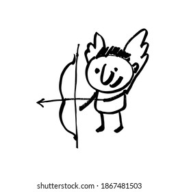 Cupid aiming with a bow. An angel connects lovers. Hand-drawn funny cartoon character. Black and white vector illustration